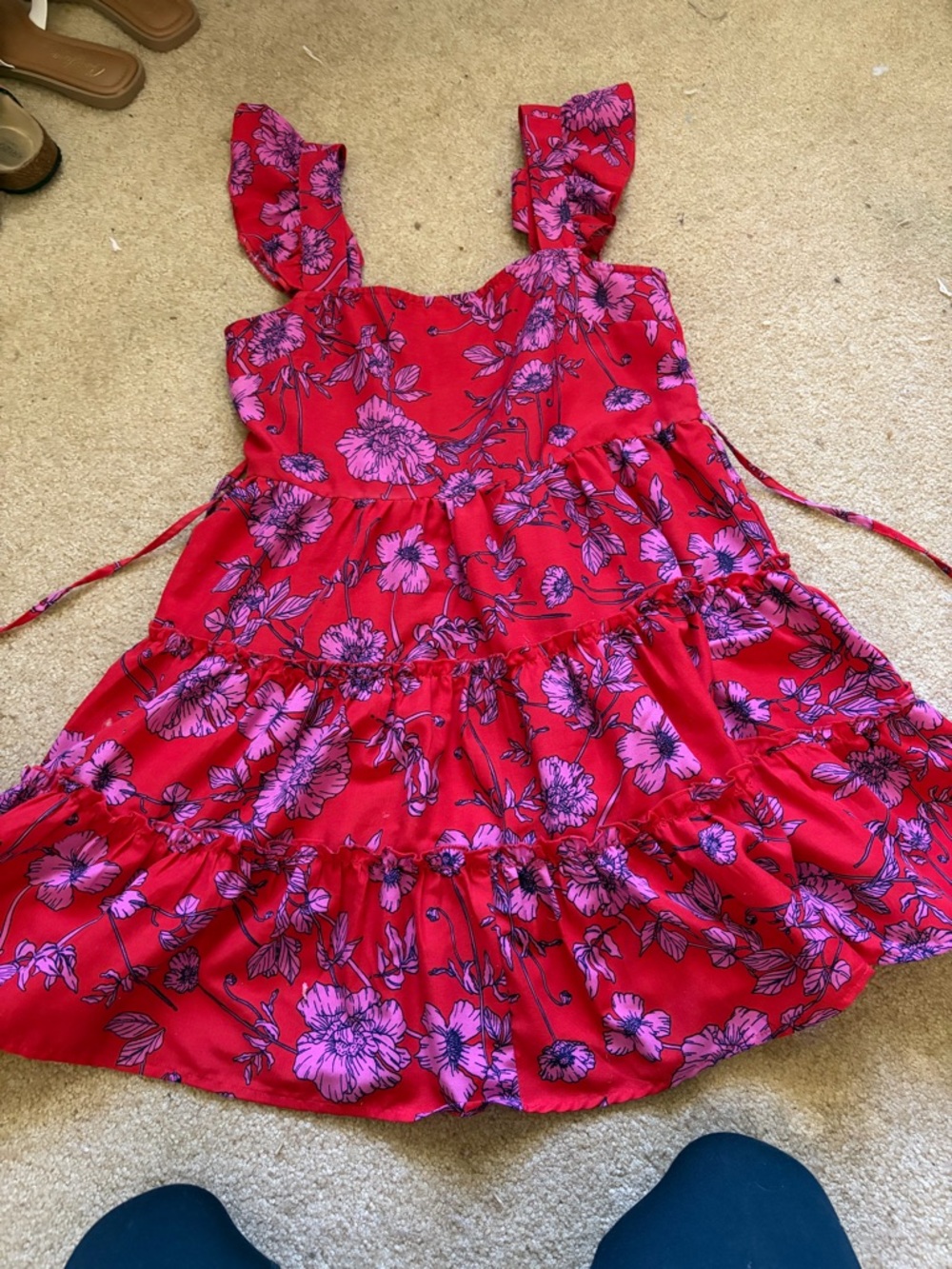 Red Floral Tiered Sundress with Ruffled Straps